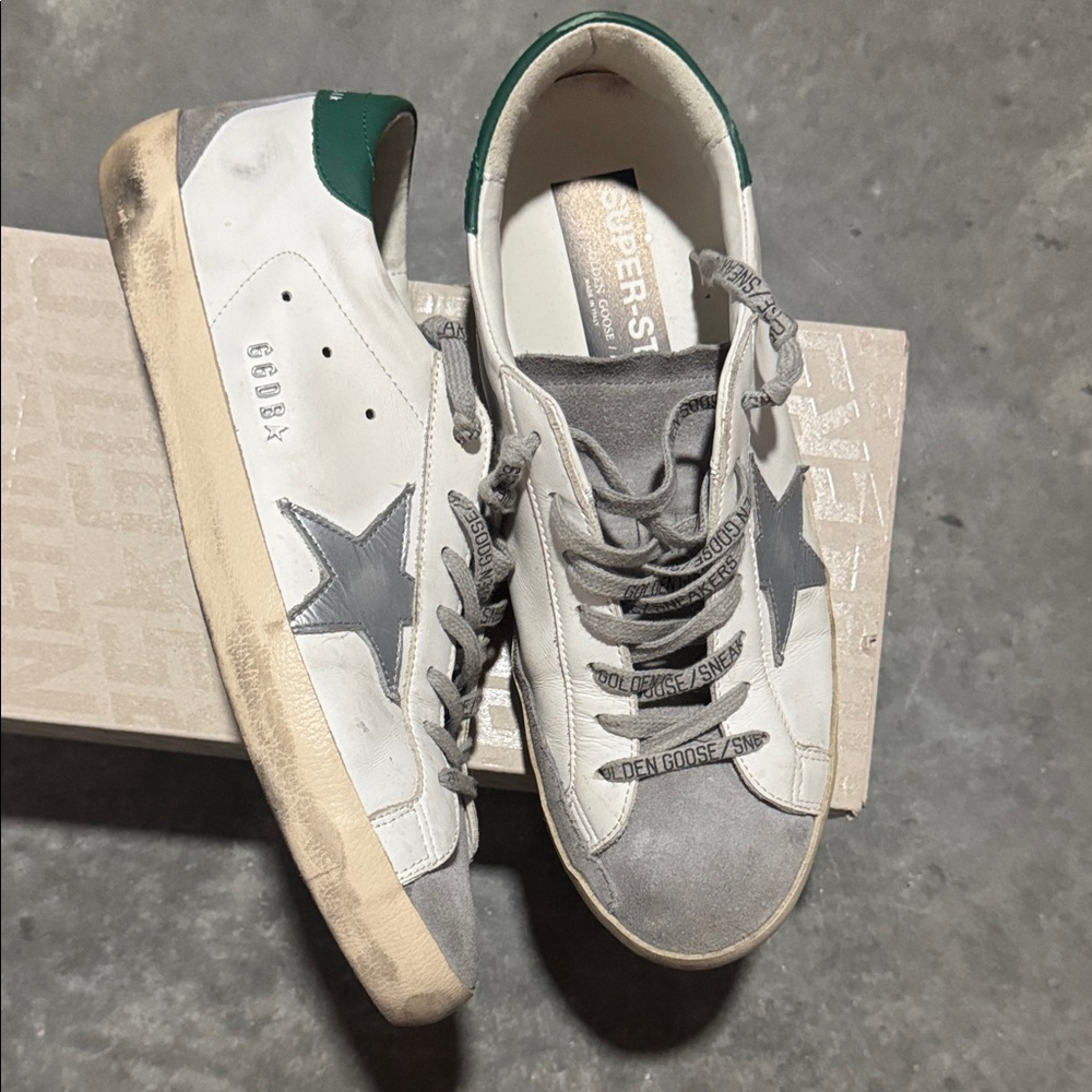 Golden Goose Men's White, Gray, and Green Sneakers